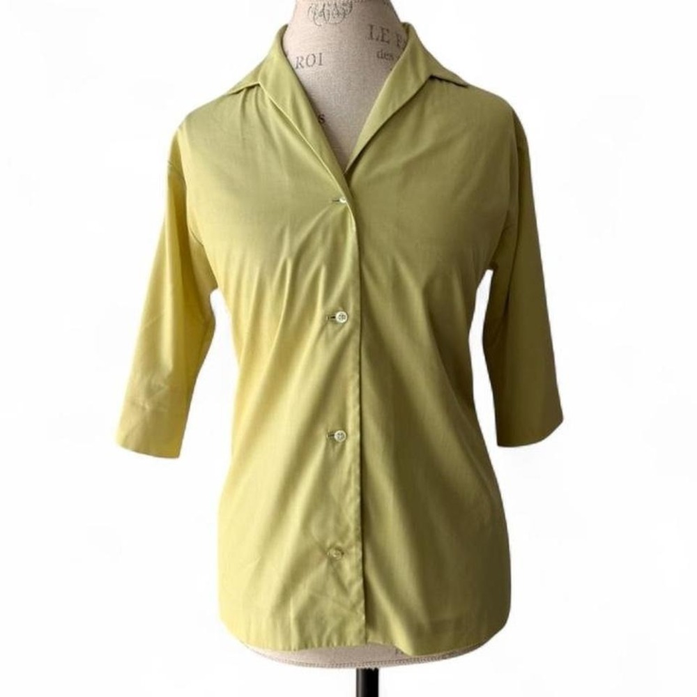 1950s Lady Manhattan Green Button Down Collared 3/4‎ Sleeve Blouse